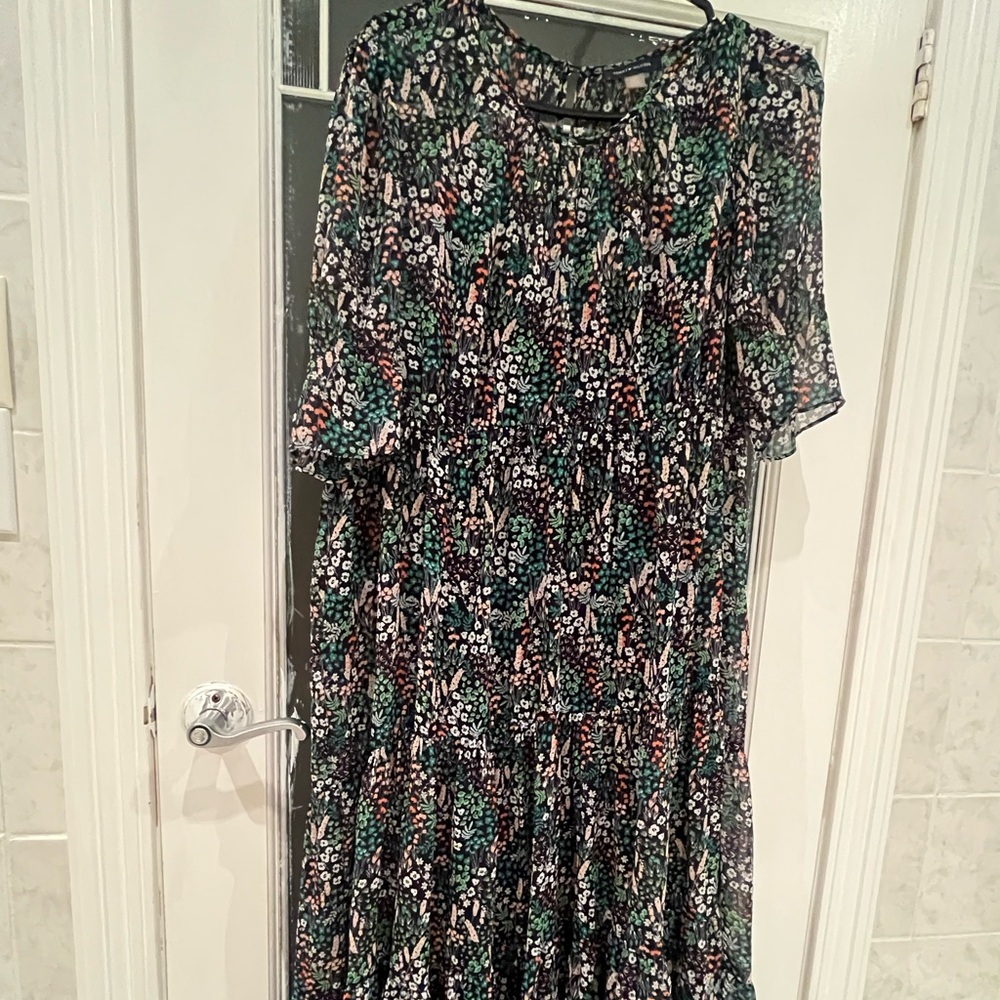 Tommy Hilfiger Green Chiffon Dress Floral Work Midi Light Flows Women 12,